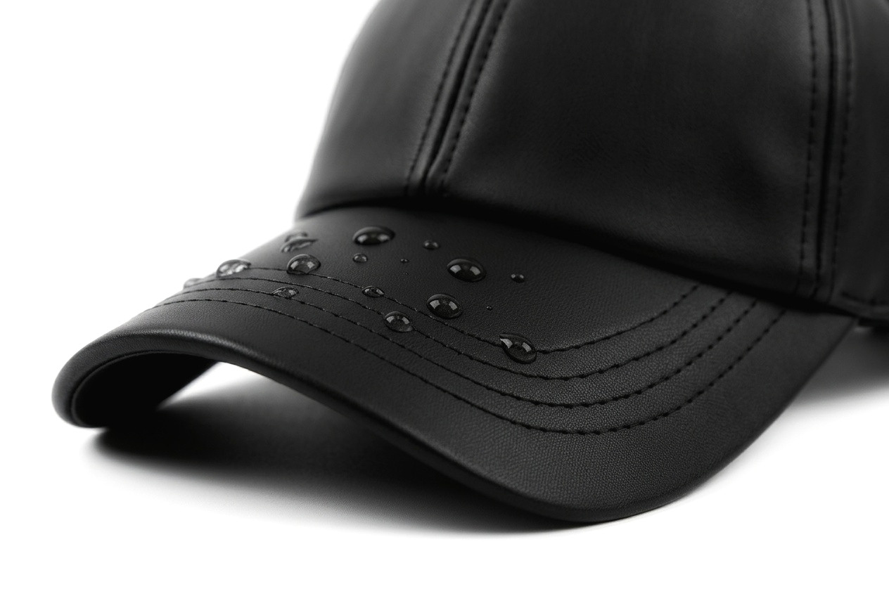 Water beading on the stitched visor of the ALA G1 leather cap